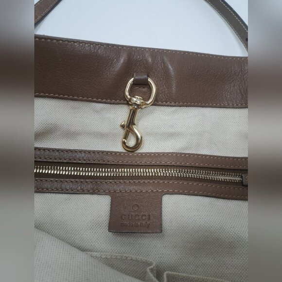 Gucci Women's Bag Tote Satchel Beige Monogram Leather Trim PVC 11.5 x 14.5 - Picture 4 of 16